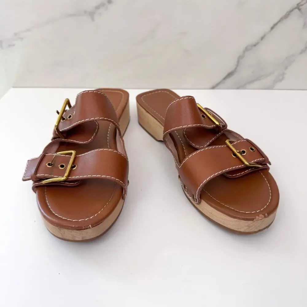 J. Crew Womens Double Strap Sandals Size 9 Leather Neutral Buckle Minimal Brown